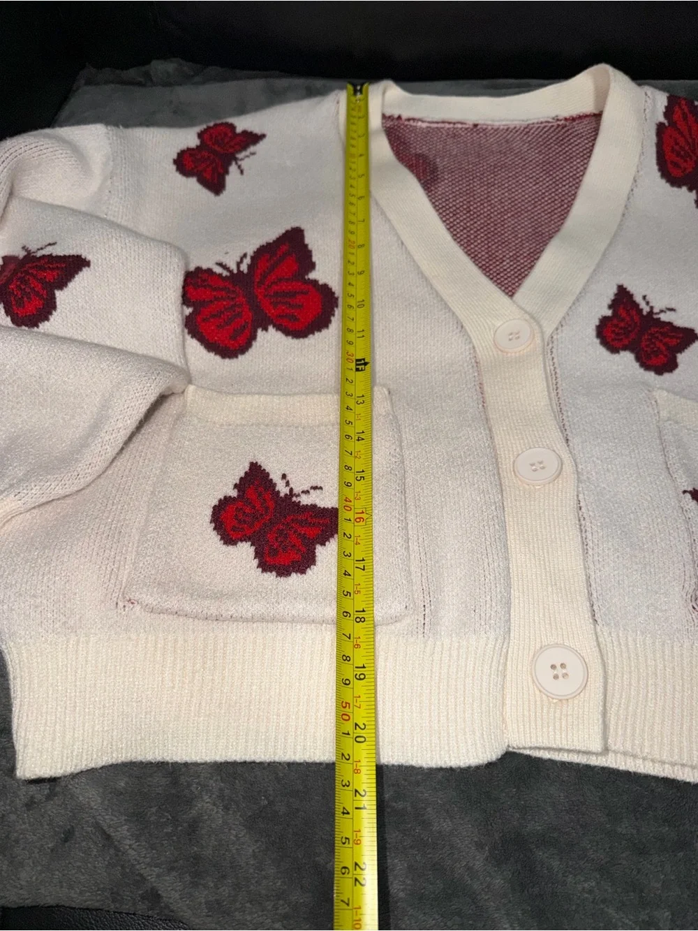 Cream Cardigan with Red Butterfly Motif
